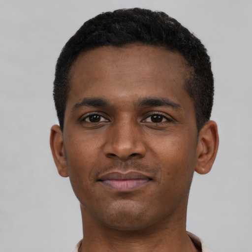 Neutral black young-adult male with short  black hair and brown eyes