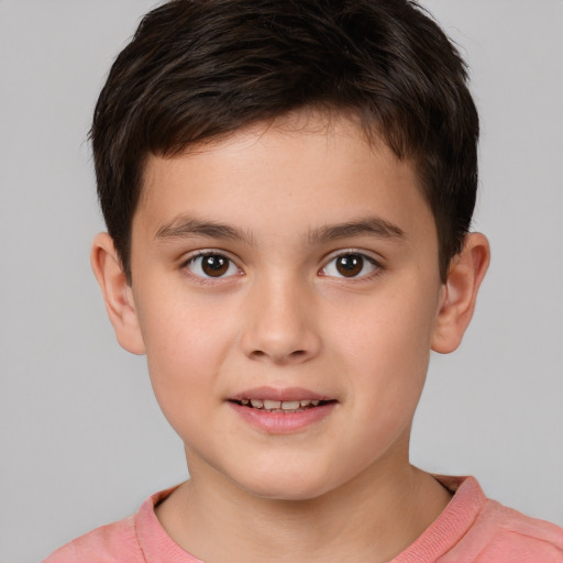 Joyful white child male with short  brown hair and brown eyes