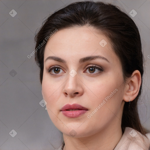 Neutral white young-adult female with medium  brown hair and brown eyes