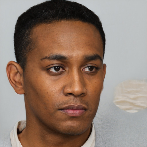 Neutral black young-adult male with short  brown hair and brown eyes
