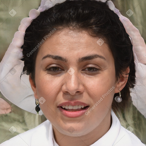 Joyful white adult female with short  brown hair and brown eyes