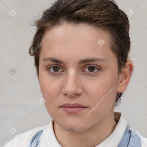 Neutral white young-adult female with short  brown hair and brown eyes