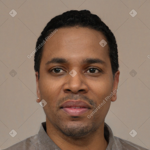 Neutral black young-adult male with short  black hair and brown eyes
