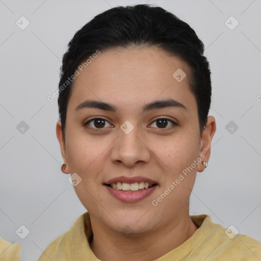 Joyful asian young-adult female with short  brown hair and brown eyes