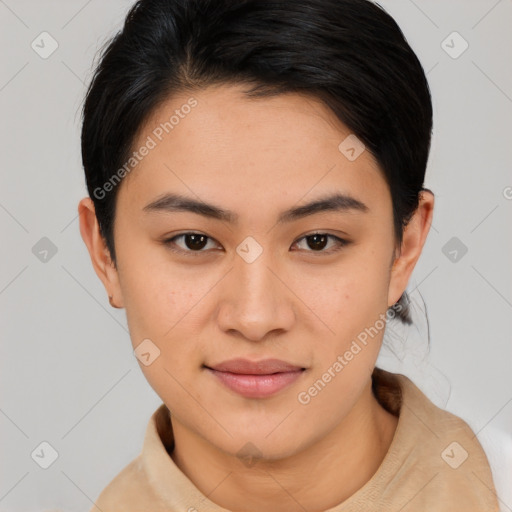 Joyful asian young-adult female with short  brown hair and brown eyes