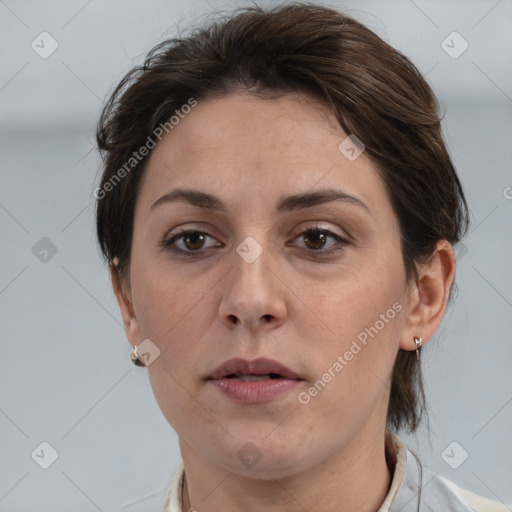 Neutral white adult female with medium  brown hair and brown eyes