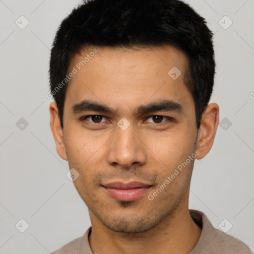 Neutral asian young-adult male with short  black hair and brown eyes