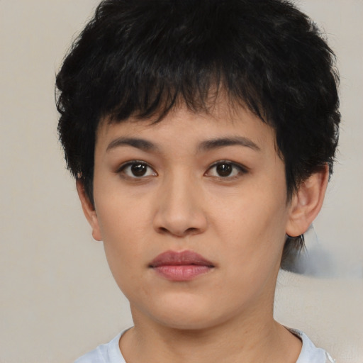 Neutral asian young-adult female with short  black hair and brown eyes