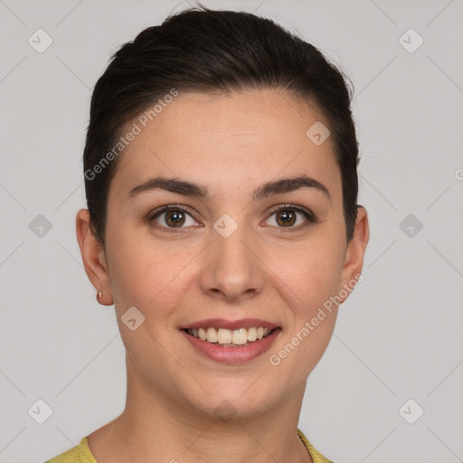 Joyful white young-adult female with short  brown hair and brown eyes