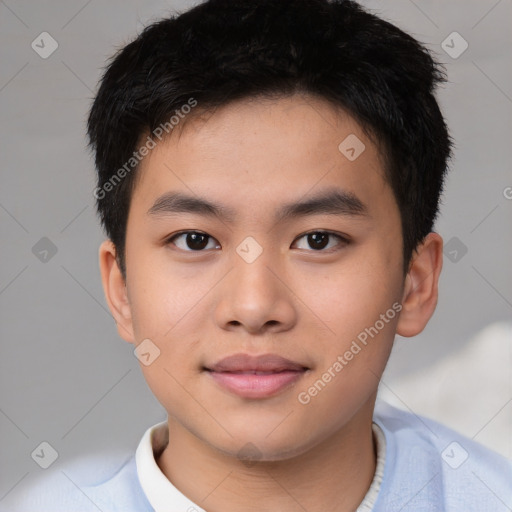 Joyful asian young-adult male with short  brown hair and brown eyes