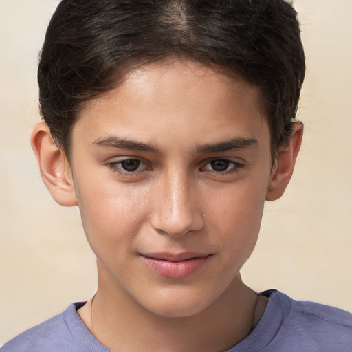 Joyful white child female with short  brown hair and brown eyes