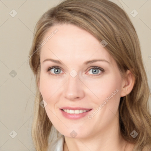 Joyful white young-adult female with medium  brown hair and blue eyes