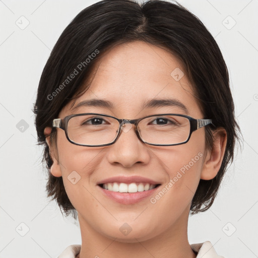 Joyful white young-adult female with medium  brown hair and brown eyes