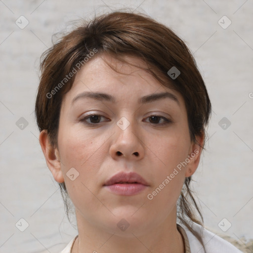 Neutral white young-adult female with medium  brown hair and brown eyes