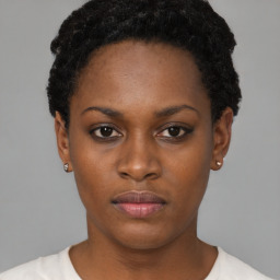 Neutral black young-adult female with short  black hair and brown eyes