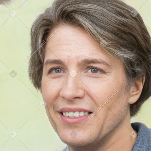 Joyful white adult female with short  brown hair and brown eyes