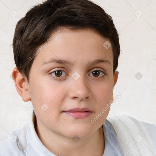 Joyful white child female with short  brown hair and brown eyes