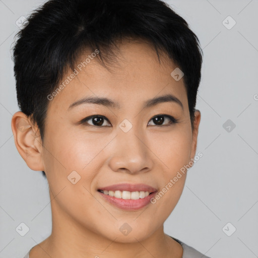 Joyful asian young-adult female with short  brown hair and brown eyes