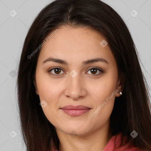 Joyful white young-adult female with long  brown hair and brown eyes