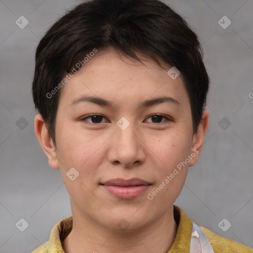 Joyful white young-adult female with short  brown hair and brown eyes