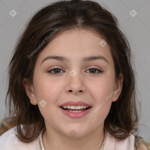 Joyful white child female with medium  brown hair and brown eyes