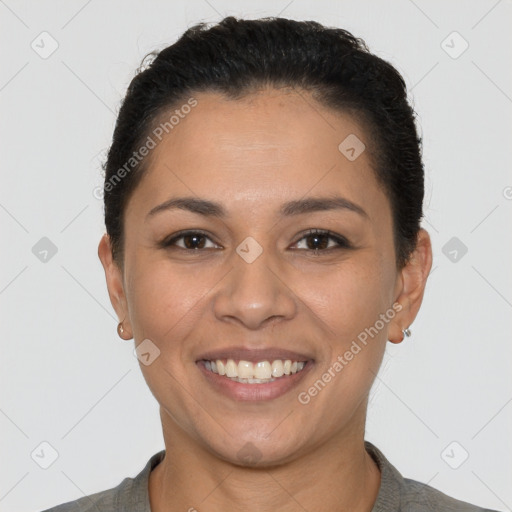 Joyful white young-adult female with short  brown hair and brown eyes