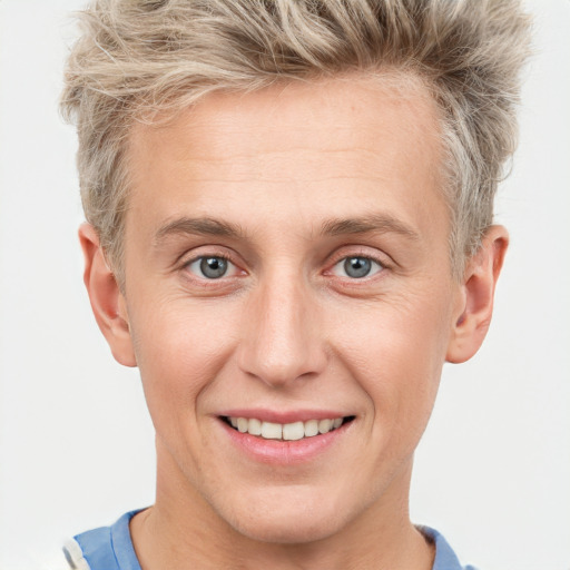 Joyful white adult male with short  brown hair and grey eyes