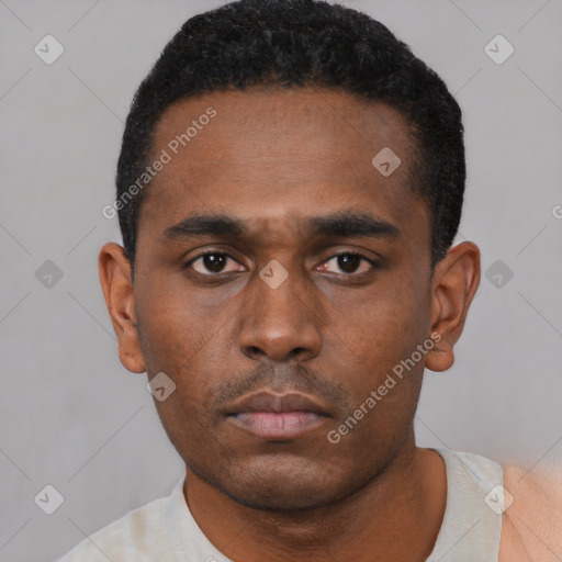 Neutral black young-adult male with short  black hair and brown eyes