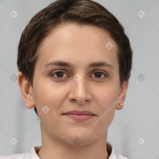 Joyful white young-adult female with short  brown hair and brown eyes