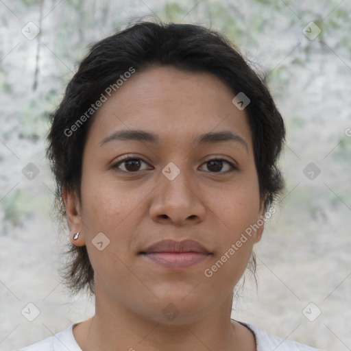 Joyful asian young-adult female with short  brown hair and brown eyes