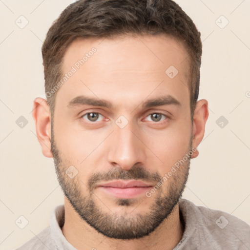 Neutral white young-adult male with short  brown hair and brown eyes