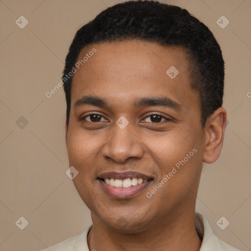 Joyful black young-adult male with short  black hair and brown eyes