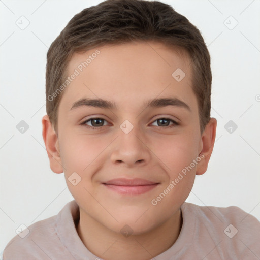 Joyful white child male with short  brown hair and brown eyes