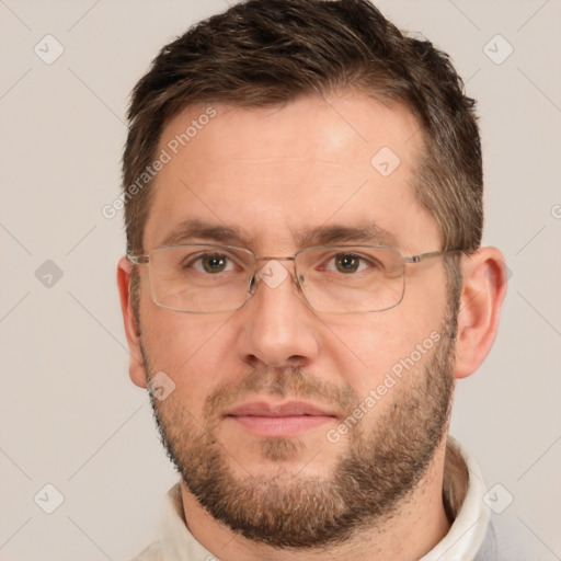 Neutral white adult male with short  brown hair and brown eyes