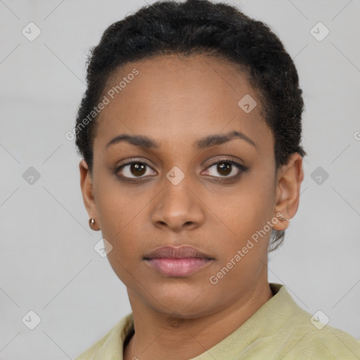 Neutral black young-adult female with short  black hair and brown eyes