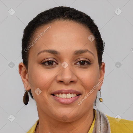 Joyful latino young-adult female with short  brown hair and brown eyes