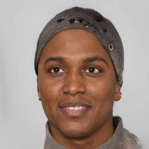 Joyful black young-adult female with short  black hair and brown eyes