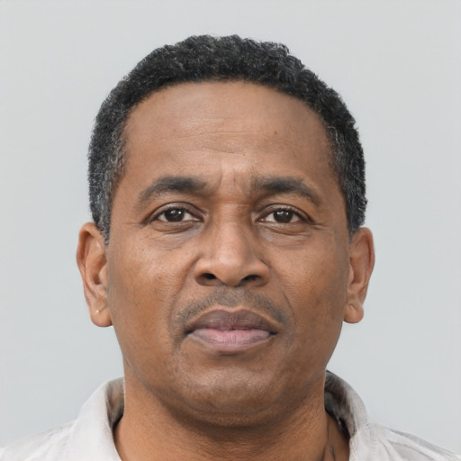 Neutral black adult male with short  black hair and brown eyes