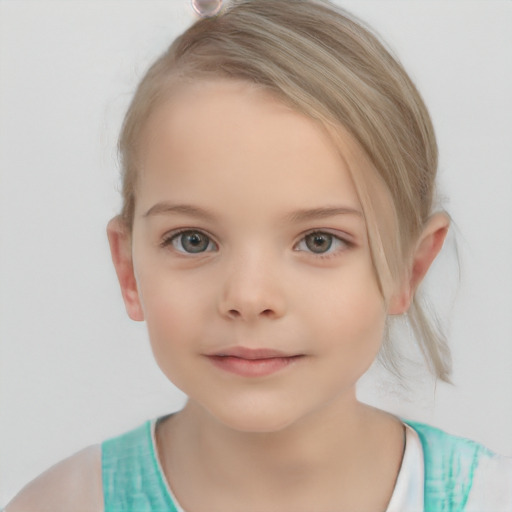 Neutral white child female with medium  brown hair and grey eyes