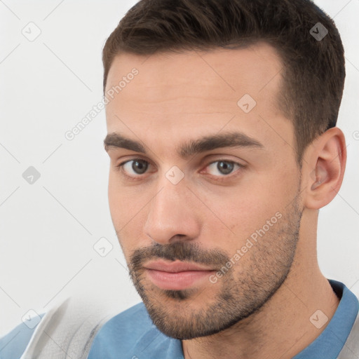 Neutral white young-adult male with short  brown hair and brown eyes