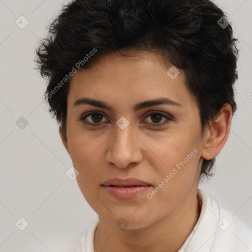 Joyful latino young-adult female with short  brown hair and brown eyes