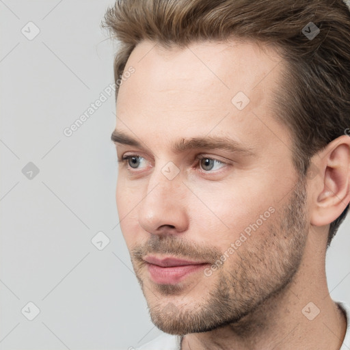 Neutral white young-adult male with short  brown hair and brown eyes