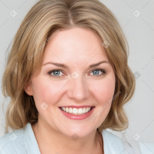 Joyful white young-adult female with medium  brown hair and blue eyes