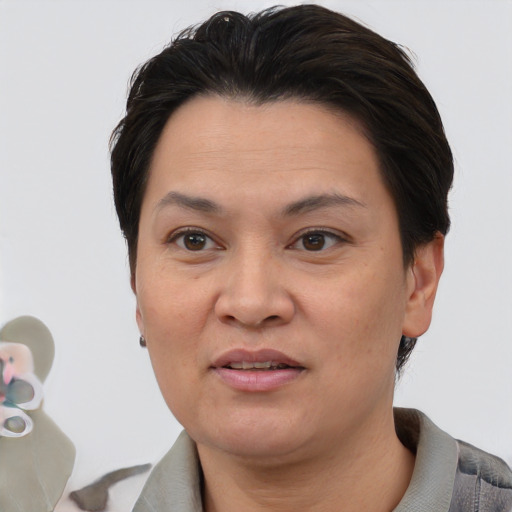 Joyful white adult female with short  brown hair and brown eyes