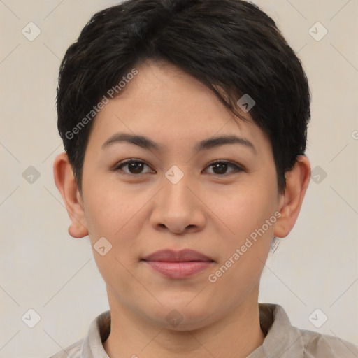 Joyful asian young-adult female with short  brown hair and brown eyes