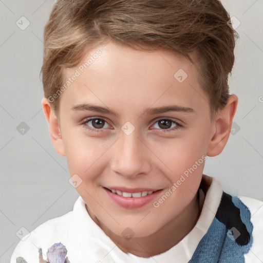 Joyful white child female with short  brown hair and brown eyes