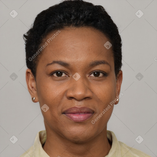 Joyful black adult female with short  brown hair and brown eyes