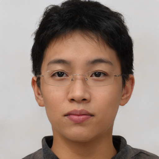 Neutral asian young-adult female with short  brown hair and brown eyes