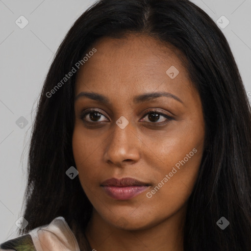 Joyful asian young-adult female with long  brown hair and brown eyes