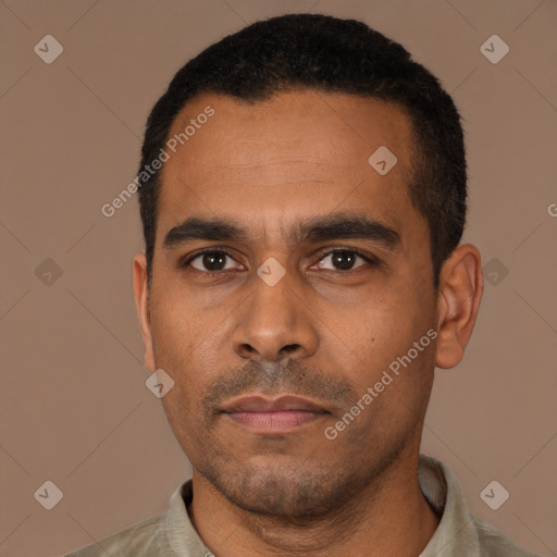 Neutral black young-adult male with short  black hair and brown eyes